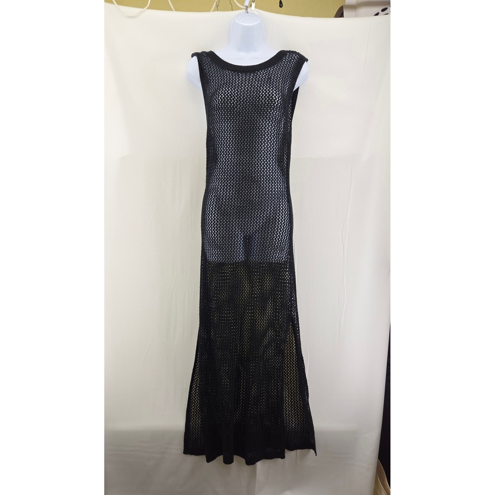 Y2K Black Crochet Knit Maxi Dress Sheer Fishnet Cover Up Small